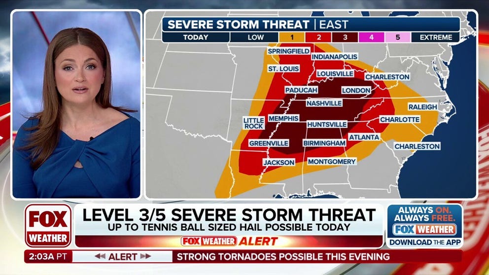 Thunderstorms are ongoing across Arkansas and Indiana on Tuesday morning. Storms are expected to develop across the Tennessee Valley Tuesday afternoon. All modes of severe weather are possible in association with this system including tennis ball-sized hail, damaging wind gusts and strong tornadoes.