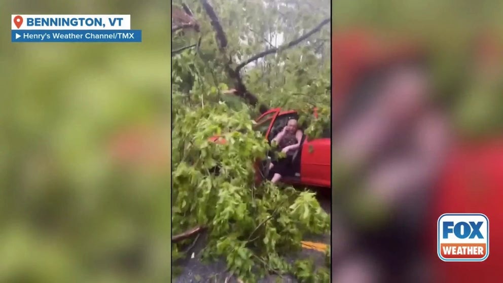 A driver inexplicably crashed head-on into a freshly lightning-struck tree and then fled the scene in Bennington, Vermont, following a thunderstorm. The bizarre incident was captured on video by Henry's Weather Channel.