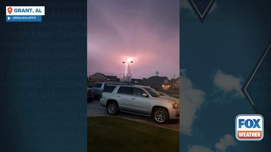 Watch: Vivid lightning shoots from clouds during tornado-warned thunderstorm in Alabama