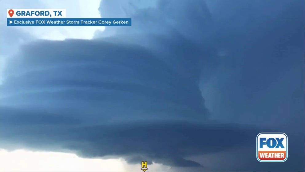 Drone video from Exclusive FOX Weather Storm Tracker Corey Gerken shows an ominous supercell cloud over Graford, Texas during severe thunderstorms on Thursday, May 22, 2025.