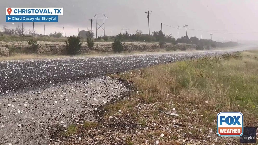 A video recorded in Texas shows large hail falling over Christoval during a severe thunderstorm on Memorial Day.