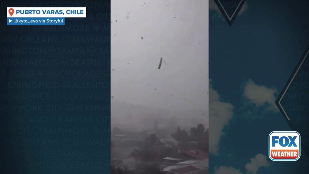 A tornado was captured on video as it made a direct hit on the town of Puerto Varas in southern Chile on Sunday afternoon. Chile's national newspaper reported that at least 19 people were hurt and more than 250 homes were damaged.