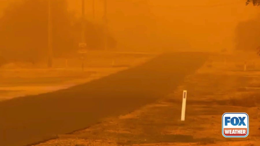 Dust storm turns the sky red in Mildura, Australia 