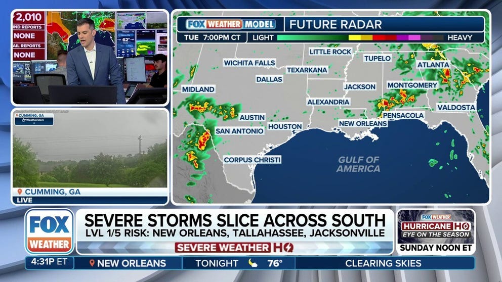 A line of severe storms is slicing across the South, bringing rain, hail, wind and a small tornado risk. Storms Tuesday night will impact Texas through South Carolina and Florida. Large hail up to egg-size is possible across Texas. 
