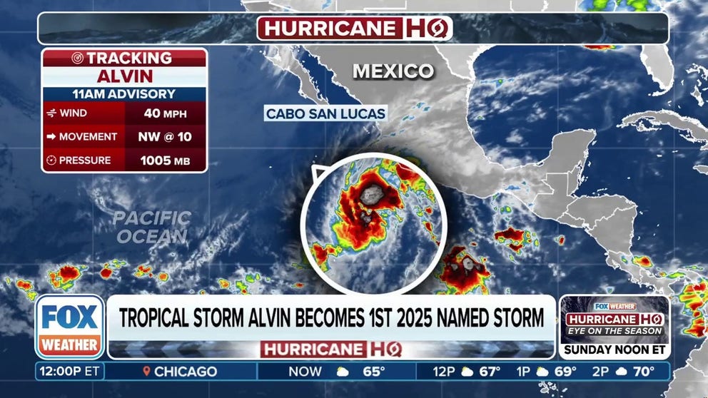 Tropical Storm Alvin has formed south of Mexico in the Eastern Pacific Ocean, becoming the first named storm of the 2025 hurricane season. FOX Weather Meteorologists Bob Van Dillen and Britta Merwin break down the latest forecast on May 29, 2025.