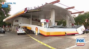 Winds rip down gas station awning in Austin