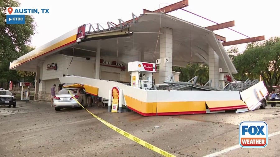 Winds rip down gas station awning in Austin