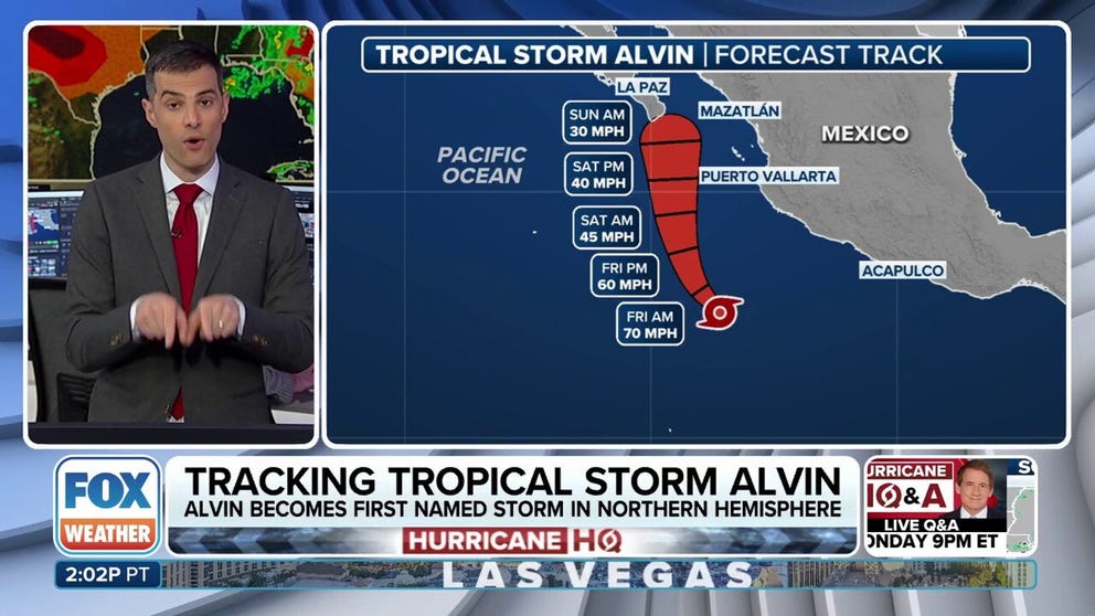 Tropical Storm Alvin quickly strengthened on Thursday before the cyclone will reach cooler waters late Friday. 