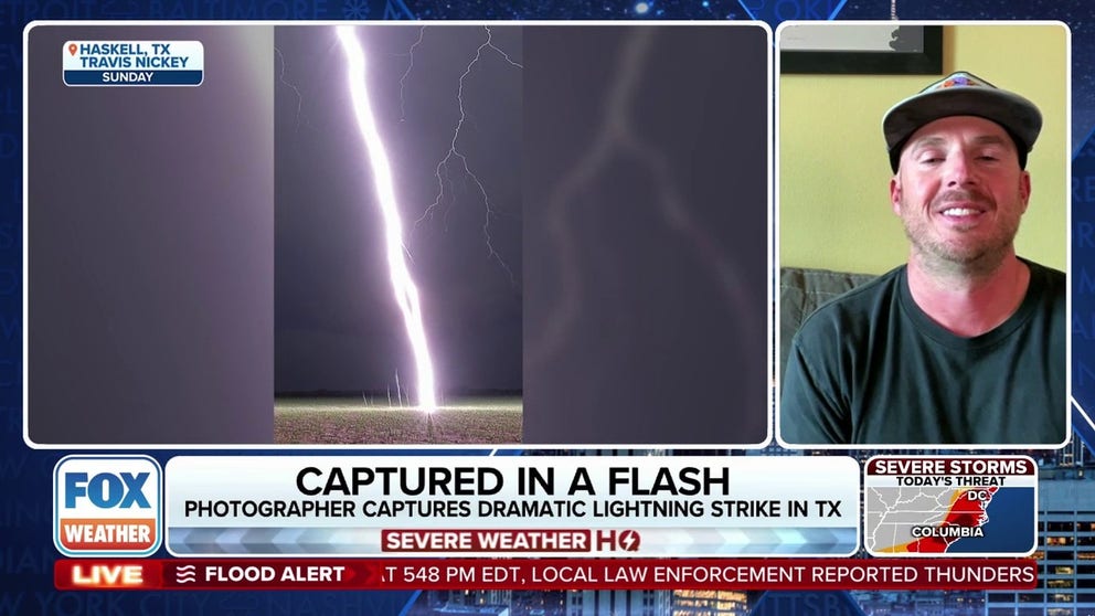 Travis Nickey, storm chaser and photographer, was nearly struck by lightning while shooting a storm in Haskell, Texas, on Sunday. Despite the close call, Nickey was able to capture striking images of the lightning.
