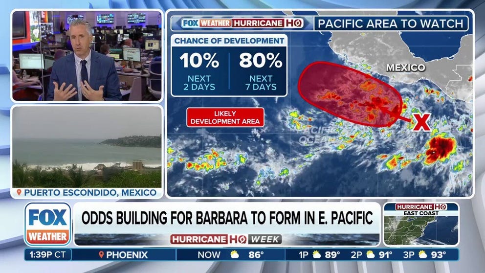 The Eastern Pacific could have its second named storm of the season soon, as odds for Barbara build. The National Hurricane Center gives the area to watch an 80% chance of development over the next week. 