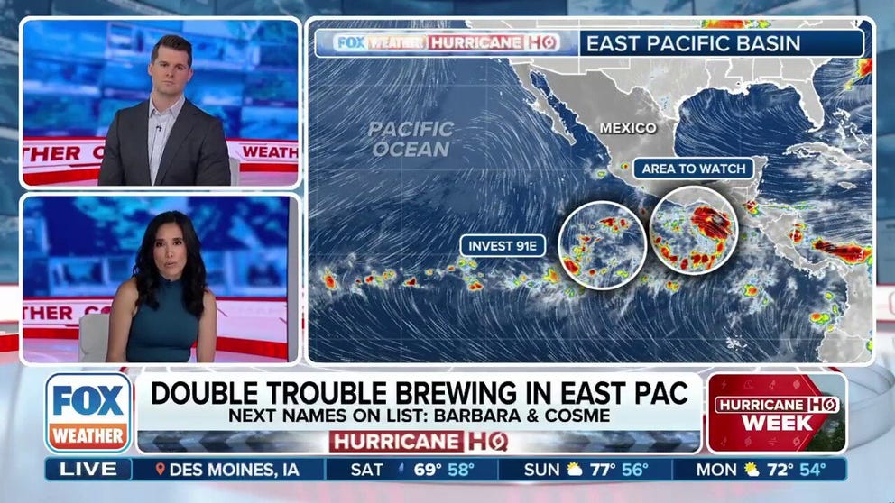 Two clusters of thunderstorms in the Eastern Pacific Ocean could develop into named storms by the end of this weekend, but which one becomes Barbara and which one becomes Cosme, the basin's second and third named storms of the season respectively, remains somewhat of an open question.