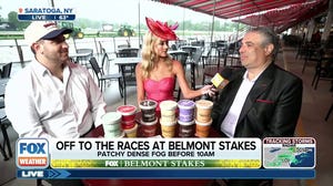 Abby Hornacek speaks with Hildebrandt's Ice Cream co-owners at Belmont Stakes