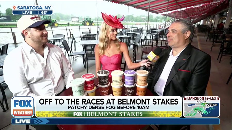 Abby Hornacek speaks with Hildebrandt's Ice Cream co-owners at Belmont Stakes