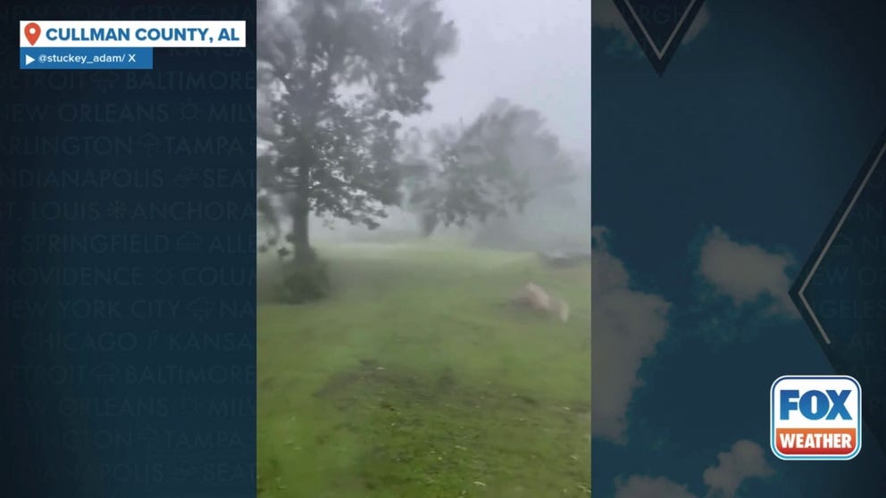 A video shared from Cullman County, Alabama, shows a severe thunderstorms moving through the area with strong winds and heavy rain on Saturday, June 7, 2025.