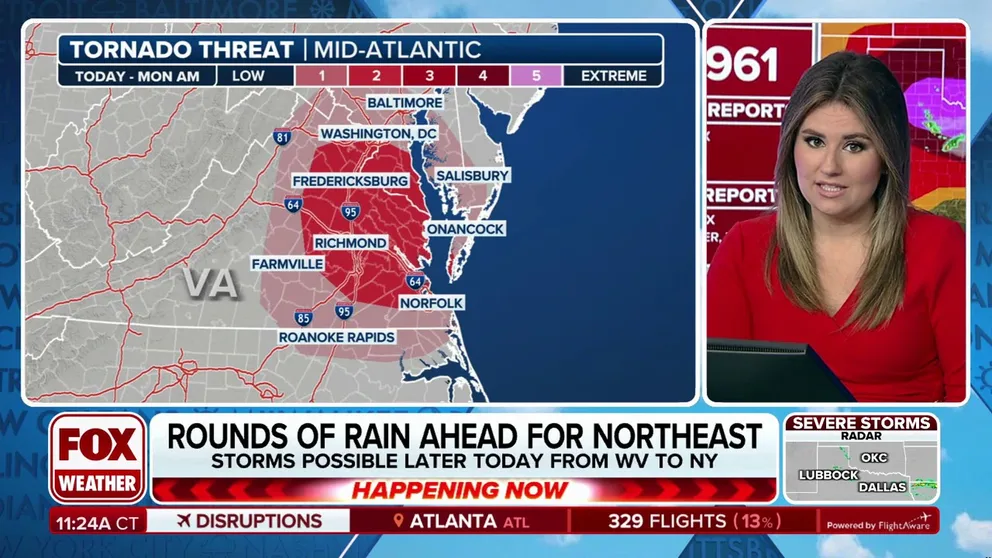 Millions of people on the East Coast from Georgia to Baltimore are facing a severe weather threat on Sunday, including the risk of some tornadoes in the Washington, D.C. area. FOX Weather Meteorologist Jane Minar breaks down the latest on June 8, 2025.