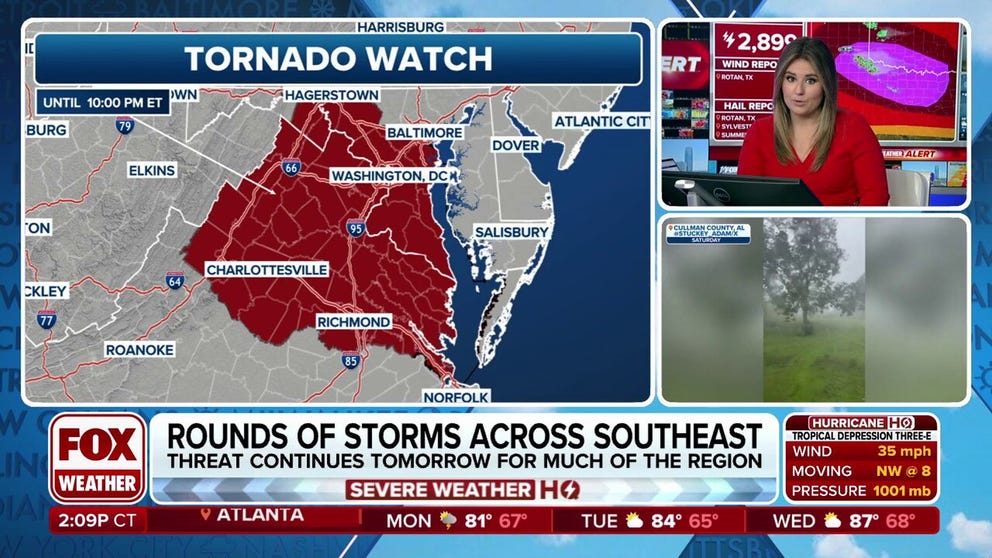 As severe thunderstorms roll up the I-95 Corridor, a Tornado Watch is in place for portions of Washington, D.C., Maryland, Virginia and West Virginia through Sunday night. 