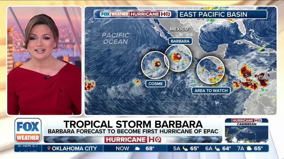 Tropical Storm Barbara is forecast to become the first hurricane of the East Pacific season. Not far after Barbara developed, Tropical Storm Cosme arrived on Sunday. It is forecast to become a strong tropical storm (60-70 mph) by Monday or Tuesday. It is meandering in the East Pacific and will interact with Barbara throughout its life.