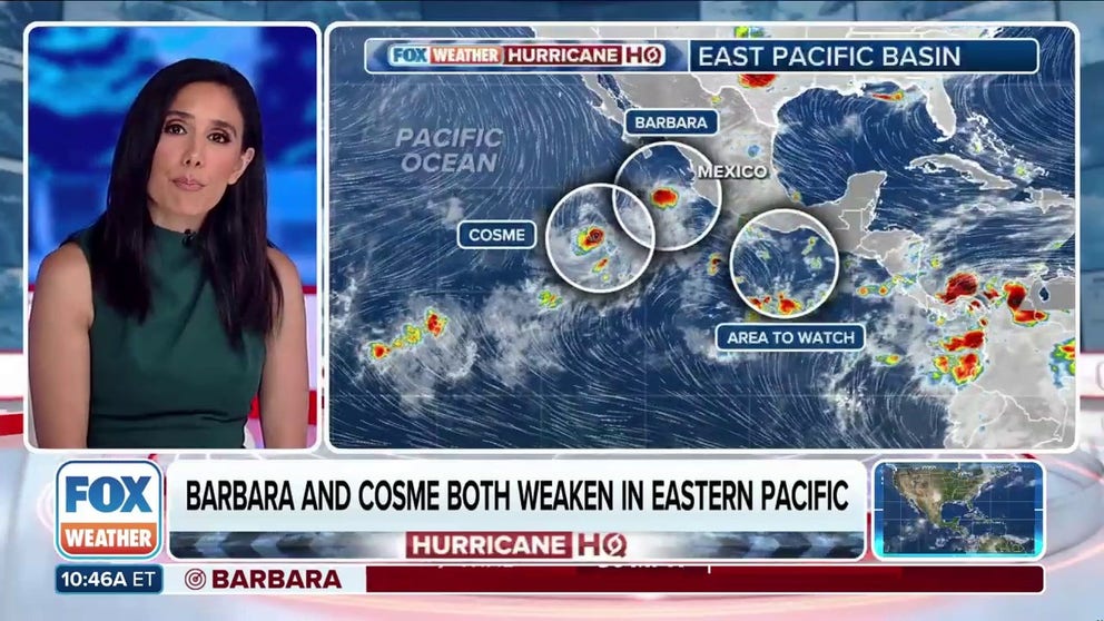 The Eastern Pacific saw its first hurricane of 2025, Barbara, form Monday southwest of Mexico before weakening to a tropical storm that evening. Meanwhile, Tropical Storm Cosme is weakening and forecast to become a post-tropical cyclone by Wednesday, according to the National Hurricane Center.