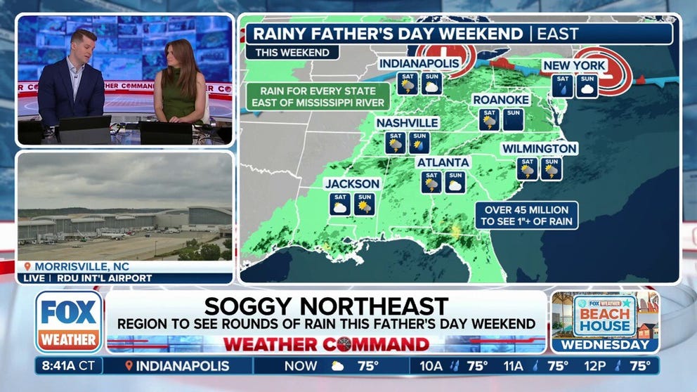 As a frontal system becomes stationary across the Northeast and Great Lakes, rounds of storms will traverse along it from west to east. South of this boundary, warm and humid air will lead to daily chances for storms into Father’s Day weekend, the FOX Forecast Center said.