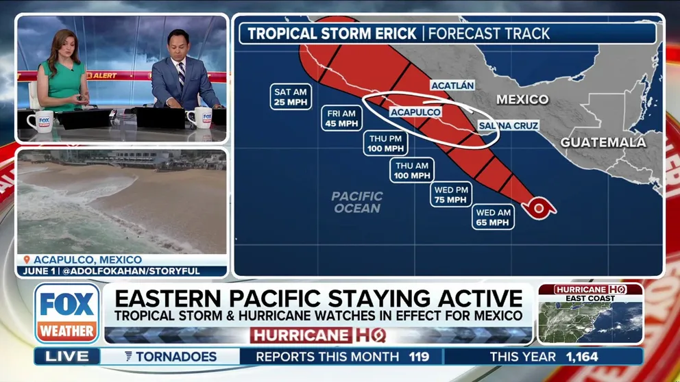 Tropical Storm Erick formed in the Eastern Pacific Ocean early Tuesday morning some 450 miles southeast of Punta Maldonado, Mexico, according to the National Hurricane Center (NHC). Erick has a high likelihood of becoming a hurricane on Wednesday.