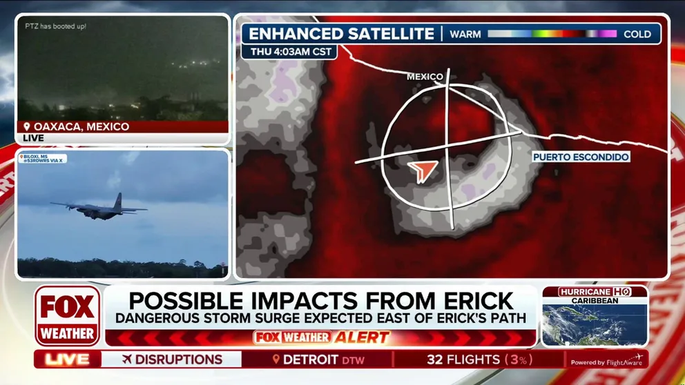 Hurricane Erick’s landfall is imminent along Mexico’s southwestern coast as the extremely dangerous Category 4 storm slams coastal communities with destructive winds and flooding rain. FOX Weather Meteorologists Craig Herrera and Britta Merwin break down the latest forecast.