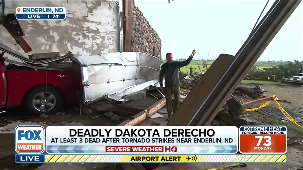 A powerful derecho tore across North Dakota at the end of last week spawning destructive winds and intense tornadoes that left at least three people dead. FOX Weather Correspondent Robert Ray was in Enderlin, North Dakota, on Sunday with the latest on recovery efforts as storms rumbled off in the distance.