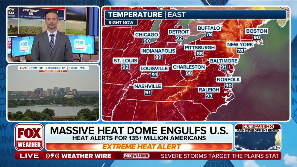 Tens of millions of people from the Plains to northern New England are under some kind of heat alert as a massive and potentially deadly heat dome advances off to the east, with many cities like Washington, Philadelphia and New York City possibly hitting 100 degrees. FOX Weather Meteorologist nick Kosir breaks down the forecast on June 22, 2025.