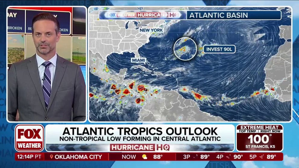 Newsportual Hurricane Center (NHC) is watching a tropical disturbance in the central subtropical Atlantic dubbed Invest 90L, which was located some 450 miles east-southeast of Bermuda on Sunday afternoon. The NHC gives the system a low chance of development over the next two days.