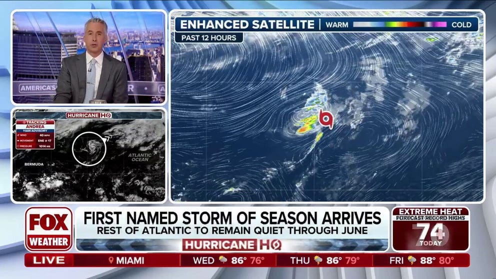 The first named storm of the 2025 Atlantic Hurricane is upon us as Tropical Storm Andrea has formed in the north Atlantic. The naming comes just four days after the average date of the first named storm. No impacts are expected from the tiny storm in the middle of the Atlantic, and a wall of hostile winds will quickly tear the storm apart tonight.  