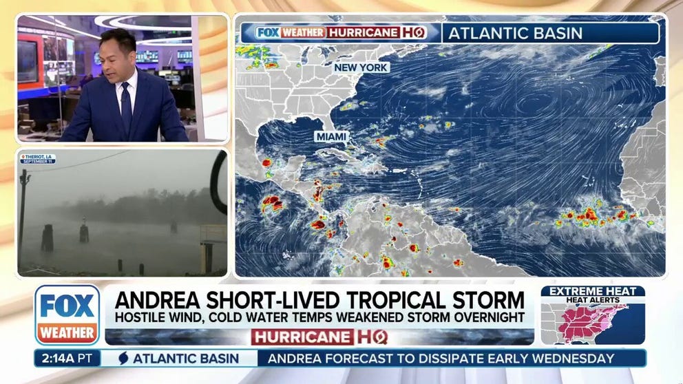 The first named storm of the 2025 Atlantic Hurricane was upon us as Tropical Storm Andrea formed in the north Atlantic on Tuesday. The naming came just four days after the average date of the first named storm. It's location is somewhat unusual for June as no other storms have formed as far north and east as Andrea. However as quickly as Andrea formed, it quickly dissipated into a remnant low late on Tuesday night.  