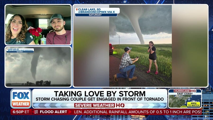 A storm-chasing couple shares the story of the extraordinary surprise marriage proposal in front of an enormous tornado