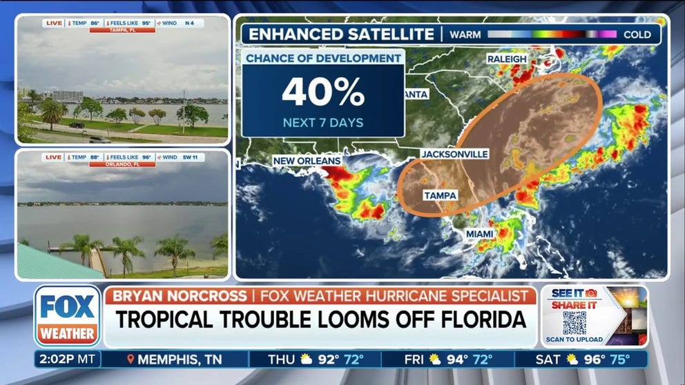 Celebrations and beach plans in Florida and along the Southeast face interruptions as a weakening frontal boundary and the possibility of tropical development merge over the Atlantic.