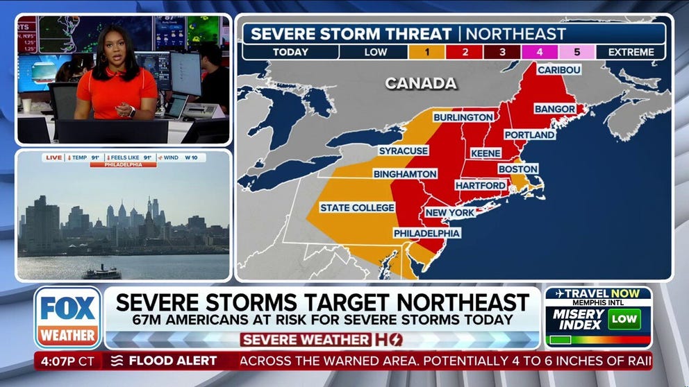 Much of the Northeast is under a severe thunderstorm watch through Thursday evening as storms capable of producing damaging winds and large hail make their way off the coast. 