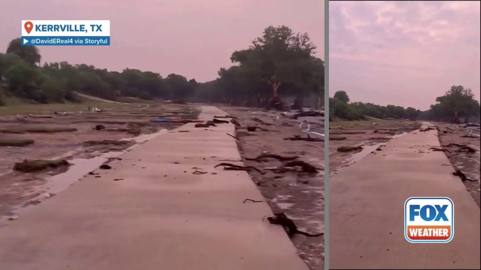 Video shot on Friday shows the devastating aftermath of a flooded Guadalupe River washing away nearly 50 RVs and tiny homes from a campground in Kerrville, Texas. 