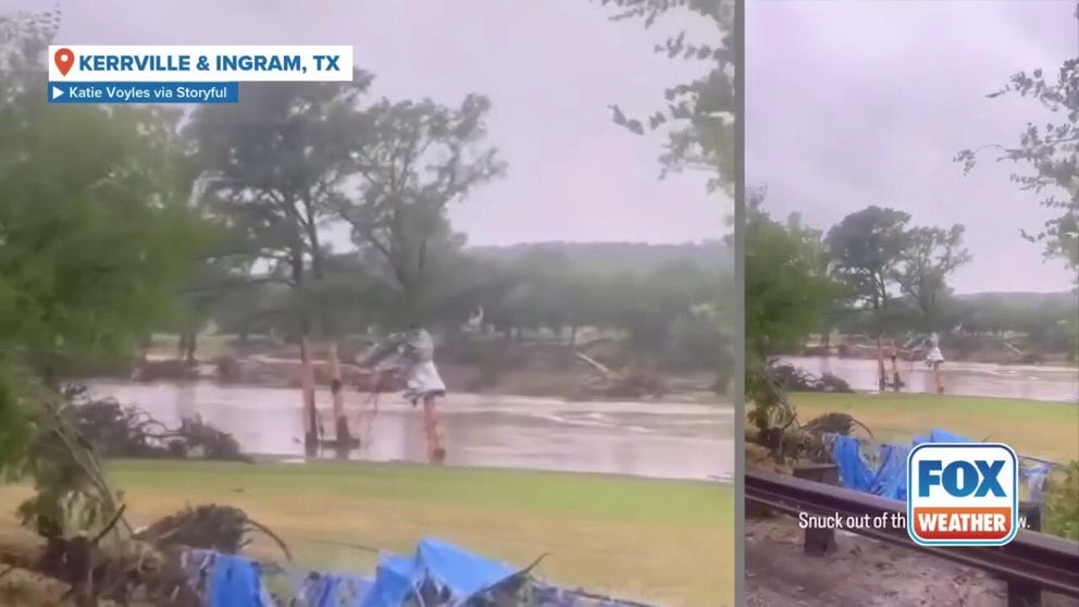 Footage shot along the Guadalupe River in Kerrville and Ingram, Texas, shows downed trees and debris from the deadly flood event that occurred on Friday.