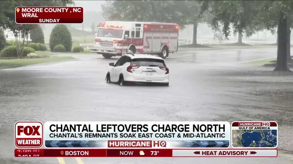 Hundreds of roads have been flooded in central North Carolina after rounds of heavy rain from the remnants of Tropical Depression Chantal washed out roads, sent rivers into major flood stage and prompted water rescues Sunday. The storm's remnants are set to soak the mid-Atlantic, including Washington, D.C. Monday.