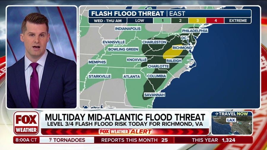 Flood threat extends from North Carolina to New Jersey for areas already drenched by Chantal