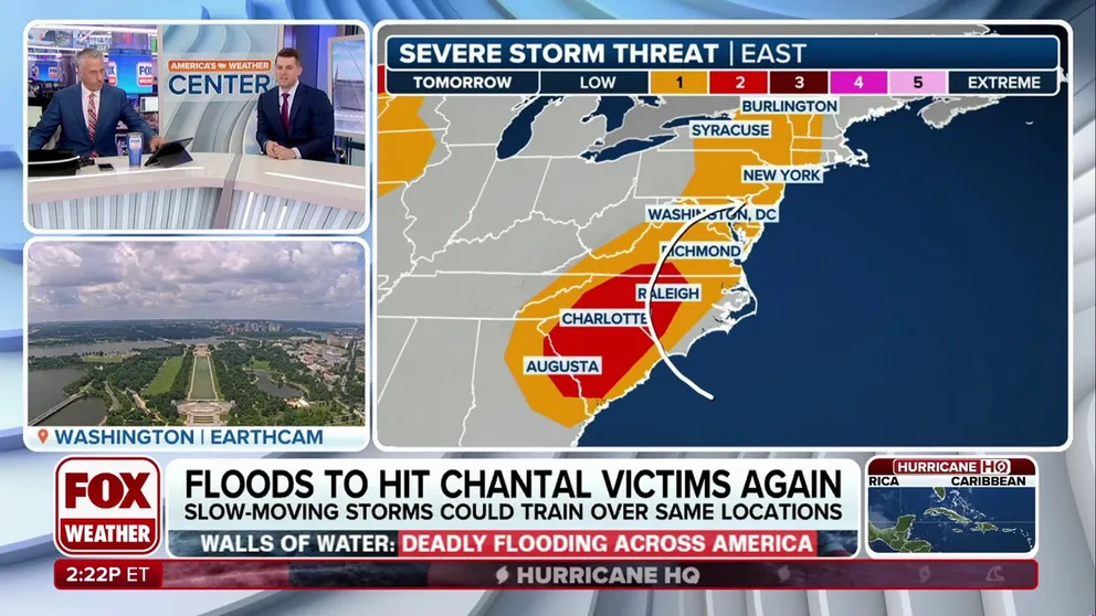 Slow-moving storms moving across parts of the Carolinas and up the coast will return the flood threat to areas still recovering from deadly impacts from Tropical Depression Chantal. At least four are dead in North Carolina from the flooding earlier this week. On Wednesday, heavy rain is forecast over the I-95 corridor from North Carolina through Philadelphia.