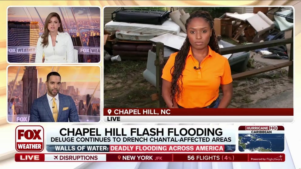 Remnants of Tropical Storm Chantal have brought historic flooding to North Carolina, with Flood Warnings in effect for multiple rivers from early Thursday morning through late Friday morning. In Chapel Hill, over 10 inches of rain from Chantal's remnants last weekend led to widespread flooding, forcing many to abandon their vehicles. FOX Weather Correspondent Brandy Campbell is live in Chapel Hill with the latest.