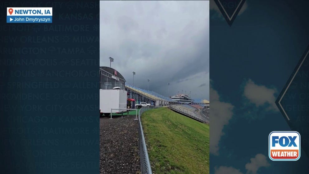 Spectators of the INDYCAR race at Iowa Speedway were forced to take shelter during a tornado warning on Friday. A message over the speedway's speakers advises people take shelter. 