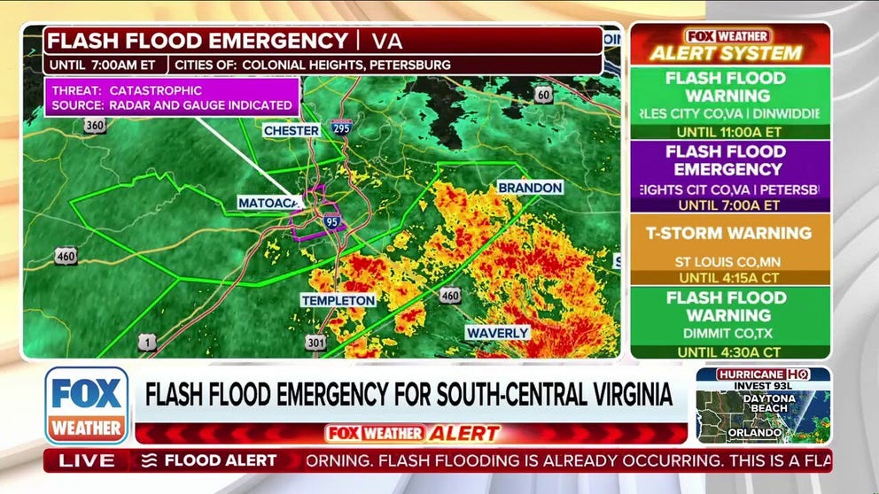 A Flash Flood Emergency has been issued for Petersburg and Colonial Heights, Virginia, until 7 a.m. ET Tuesday. This indicates extremely dangerous and potentially catastrophic flooding. Evacuate to higher ground if you are in a flood-prone area, the FOX Forecast Center warns.