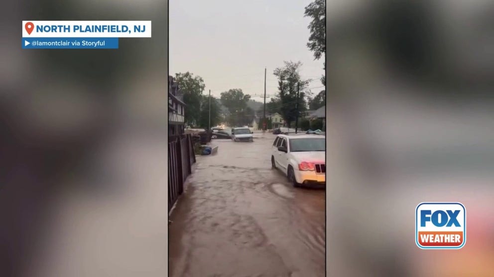 Footage filmed by Instagram user @lamontclair showed flash flooding in North Plainfield, New Jersey, with cars partially submerged and a flooded nearby brook close to overtaking a bridge.