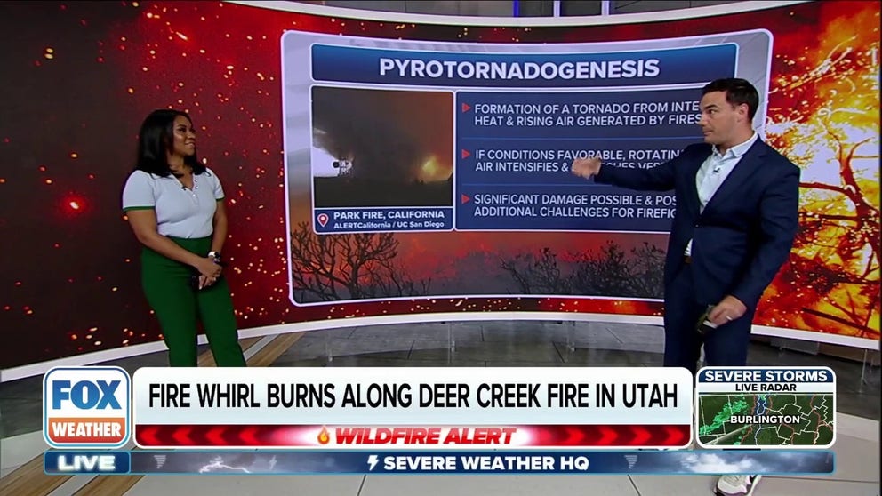 A massive firenado tore through a neighborhood in Utah during the Deer Creek Fire on Tuesday with wind speeds estimated at 122 mph. 