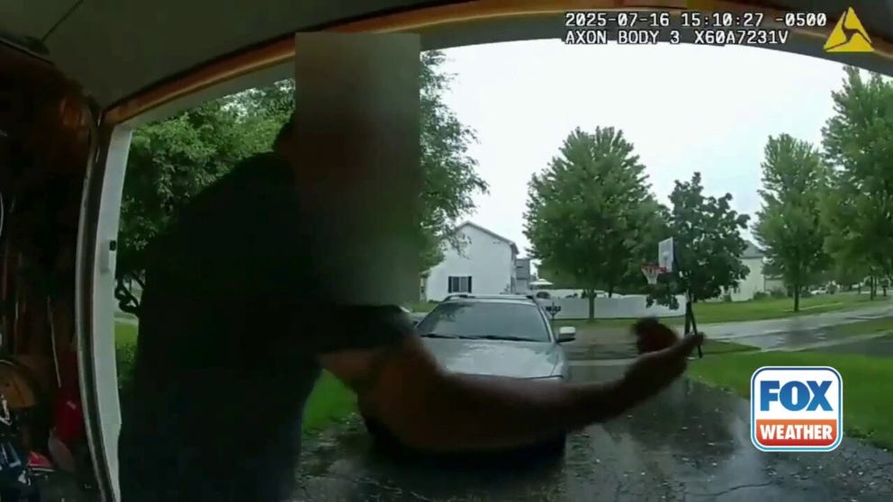 A close call for a police officer and two other people in Round Lake, Illinois after lightning struck the base of a nearby tree during a severe thunderstorm. The shocking video was captured on the officer's body camera. No injuries were reported.
