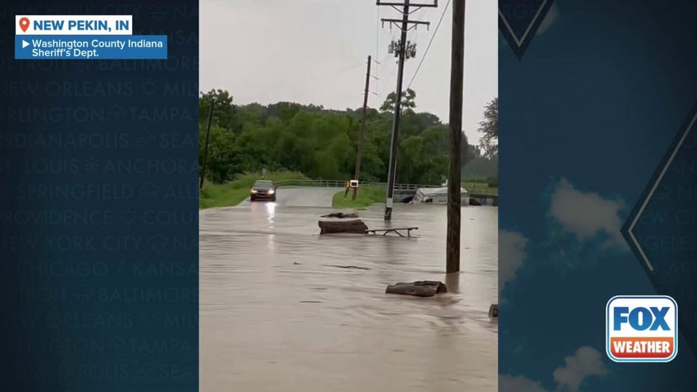 Video from Thursday in New Pekin, Indiana, showed a camper floating through floodwaters before being pulled under a bridge and crushed. 
