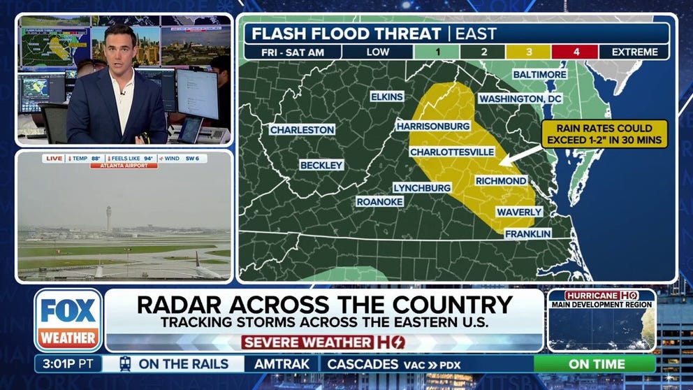 Rainfall rates of 2-4 inches per hour are likely in thunderstorms across the mid-Atlantic, especially central Virginia Friday. 