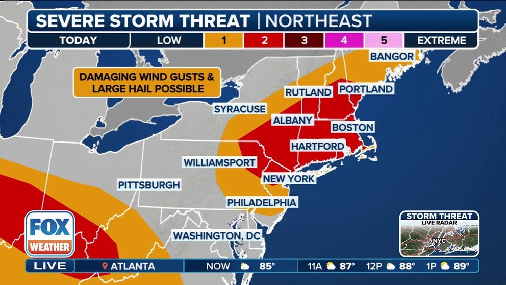 More than 76 million Americans face the threat of severe weather on Sunday from the Northeast to the Midwest. Major cities such as New York, Boston and Indianapolis are included in the higher threat zone for damaging wind gusts.