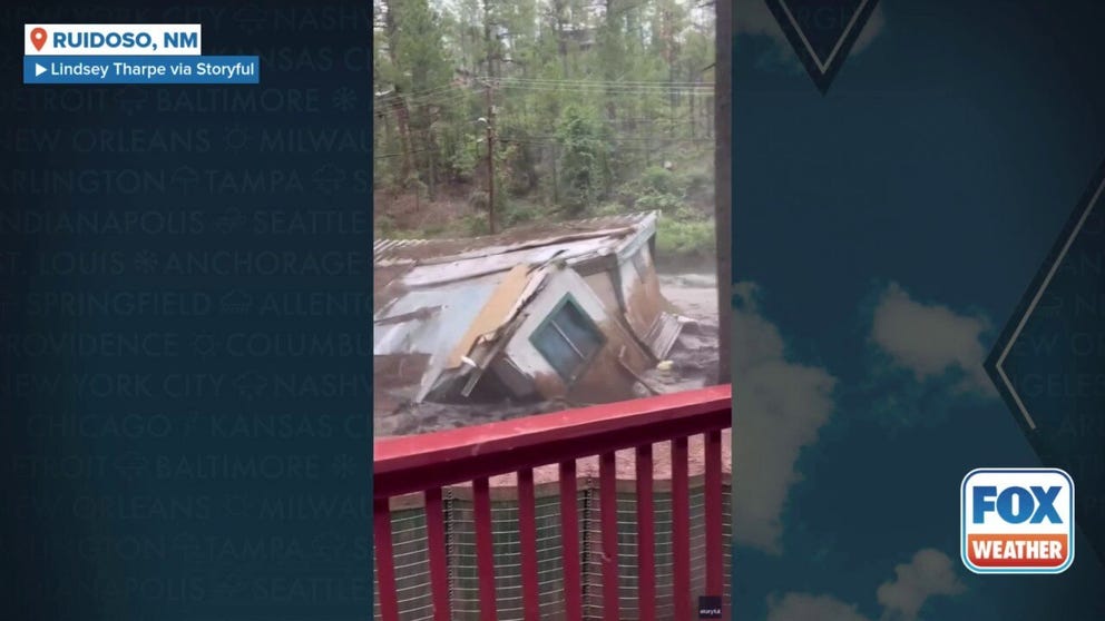 Video from Thursday afternoon in Ruidoso, New Mexico, showed raging floodwaters sweeping away a mobile home. 