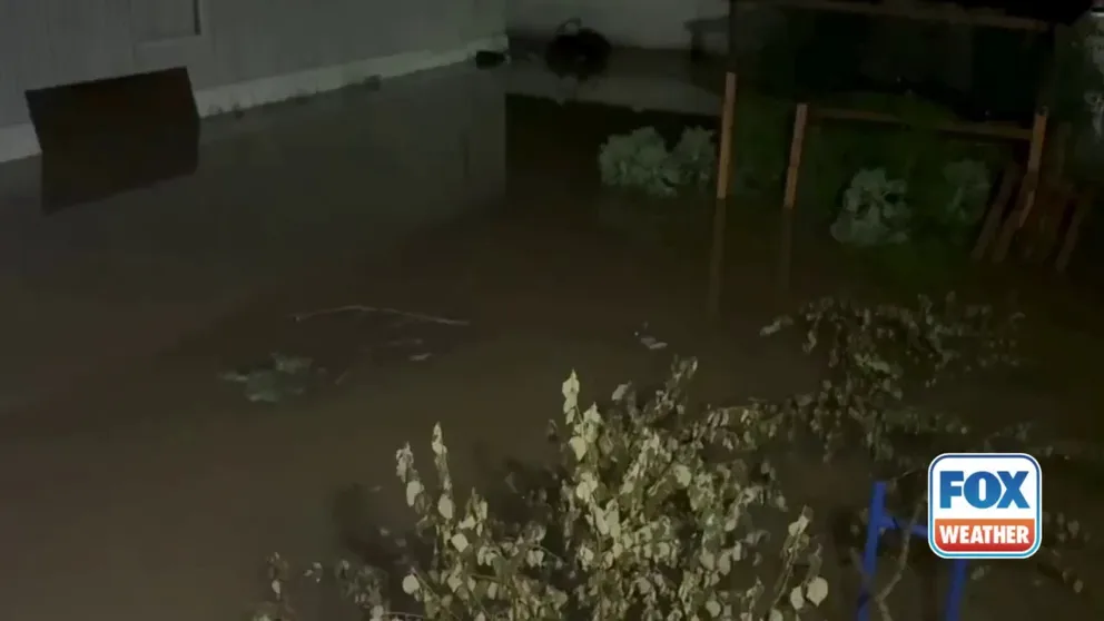 A video recorded in Elsberry, Missouri, shows floodwaters surrounding homes and vehicles after torrential rain northwest of St. Louis on Sunday, July 27, 2025.