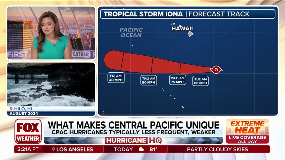 Tropical Storm Iona becomes the first named storm in the Central Pacific , it is forecast to become a hurricane but remain well-south of Hawaii. The storm could increase wave heights for surfers and those on vacation should be aware.